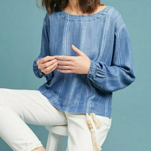 Cloth & Stone Chambray Stripe Zip‎ Back Blouse S Blue White Top Shirt Anthro - Picture 9 of 9